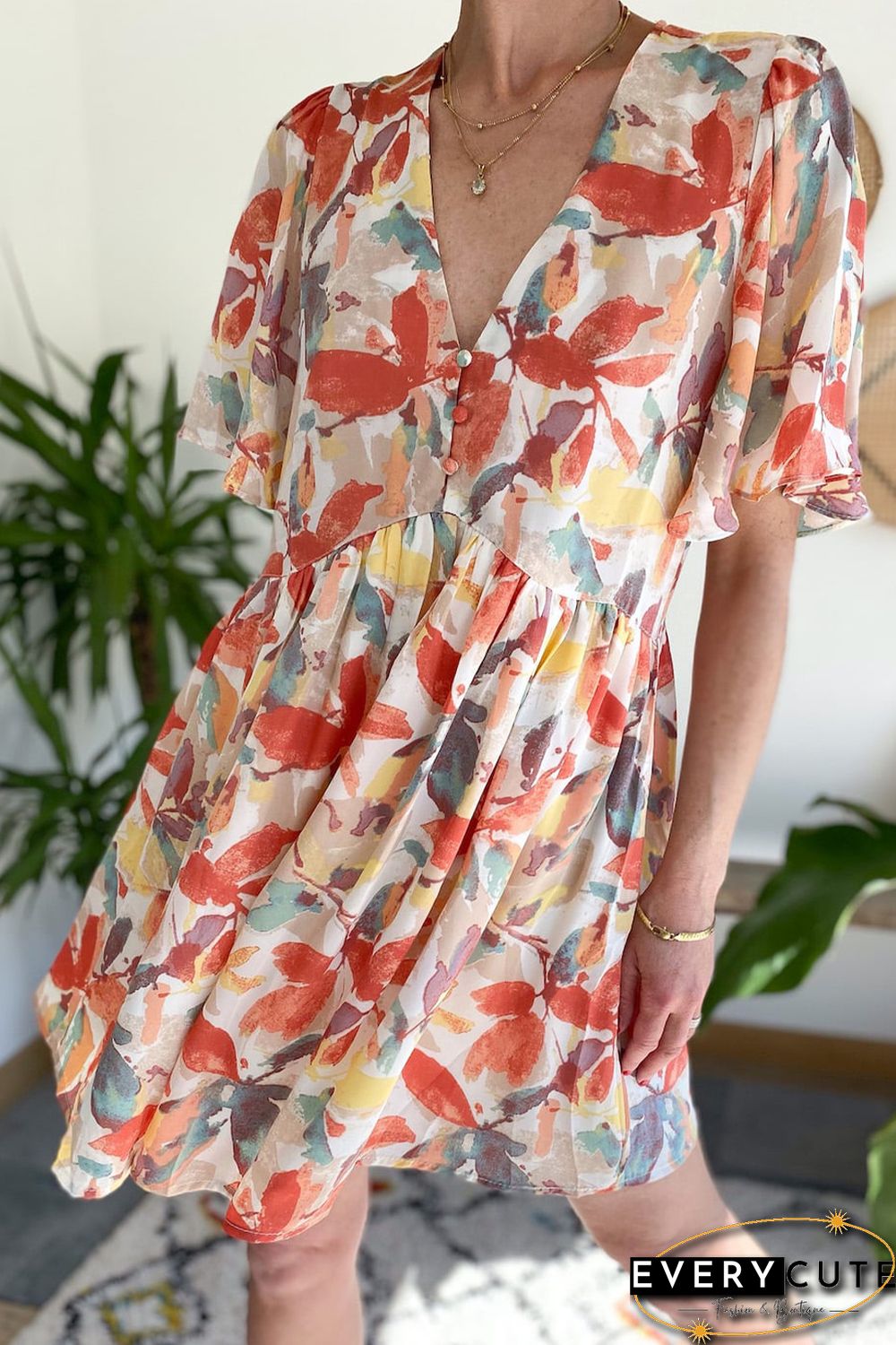 Multicolor Summer Floral Button V Neck Ruffle Flowy Dress