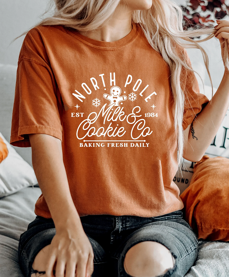 Women's Colorful Gingerbread Man Christmas North Pole Milk & Cookie Co. Baking Fresh Daily T-Shirt