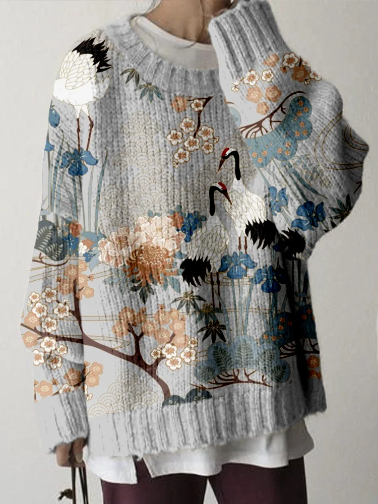 Japanese Crane Garden Art Cozy Knit Sweater