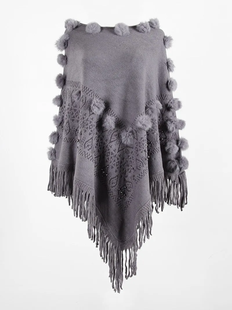 Fitshinling Fringe Hairball Bohemian Cloak Cape Oversized Sweater Female Knitwear Winter Clothing Irregular Poncho Women 2020