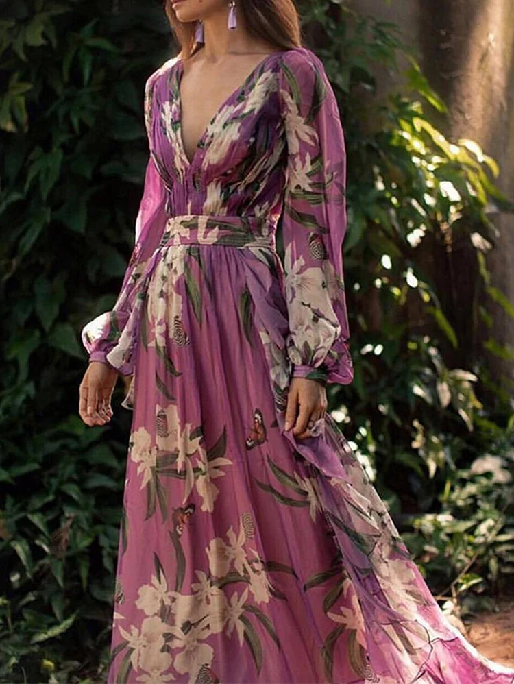 Elegant Butterfly Floral Pattern V Neck Long Sleeve Maxi Dress