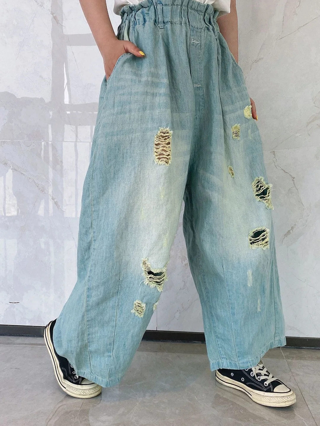 Women's Hole Casual Wide Leg Ripped Denim Cropped Pants