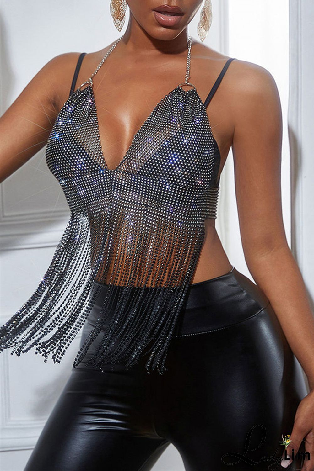 Pink Fashion Sexy Patchwork Tassel Backless Halter Tops