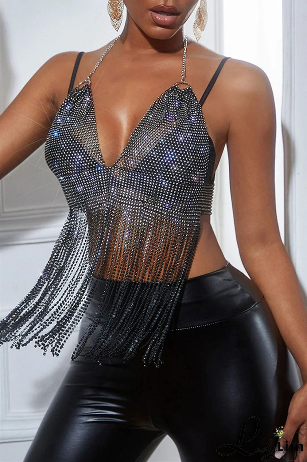 Pink Fashion Sexy Patchwork Tassel Backless Halter Tops