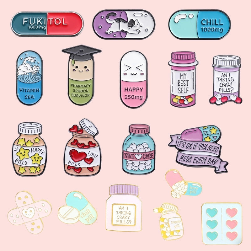 Cartoon Style Pin Capsule Medicine Bottle Alloy Stoving Varnish Unisex Brooches