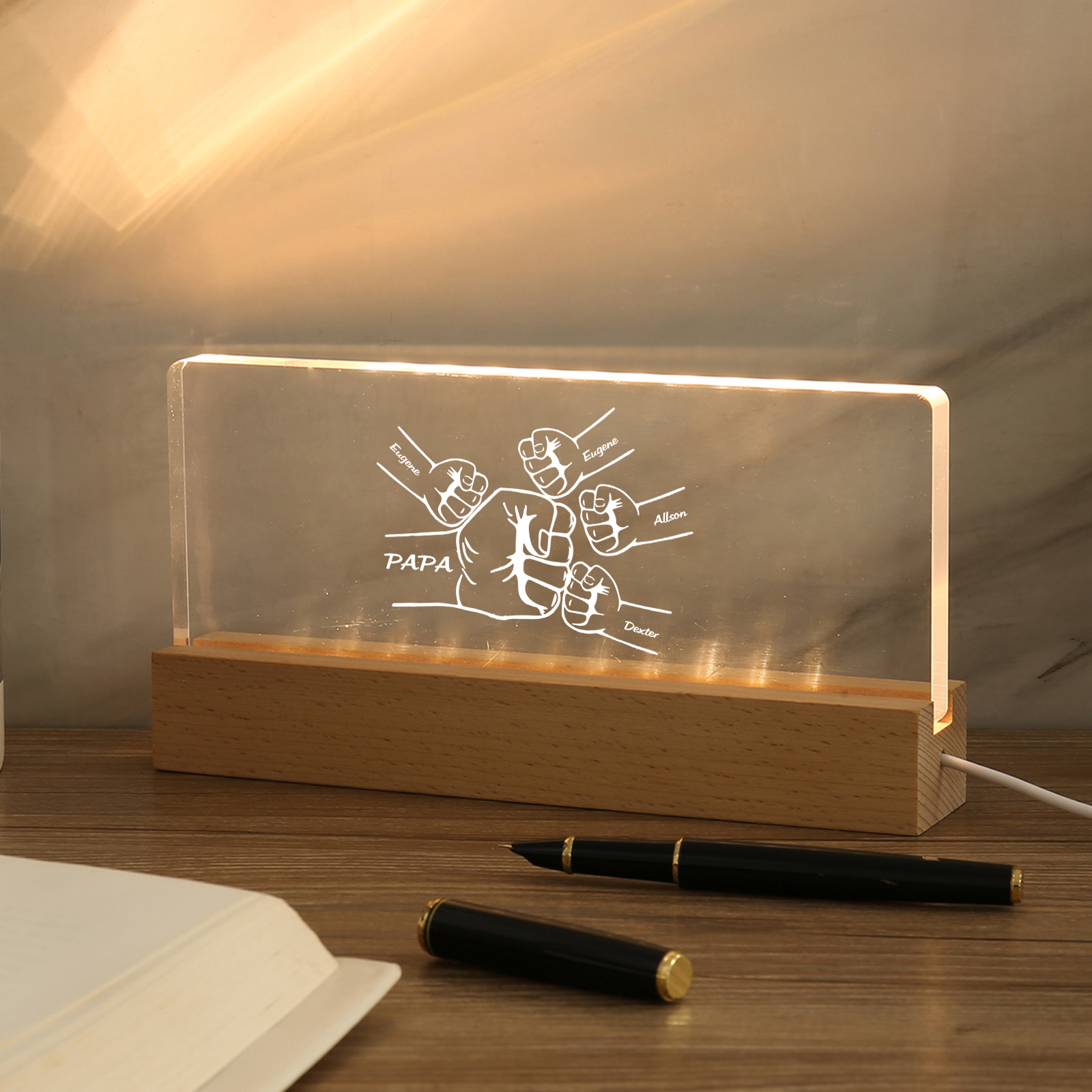 À mon Papa/Papi- Lampe de chevet LED Poings 5 Prénoms Personnalisés