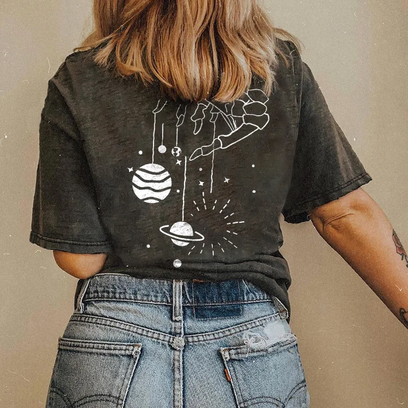   Skull Skeleton Hand Universe Planet Print T-shirt - Neojana