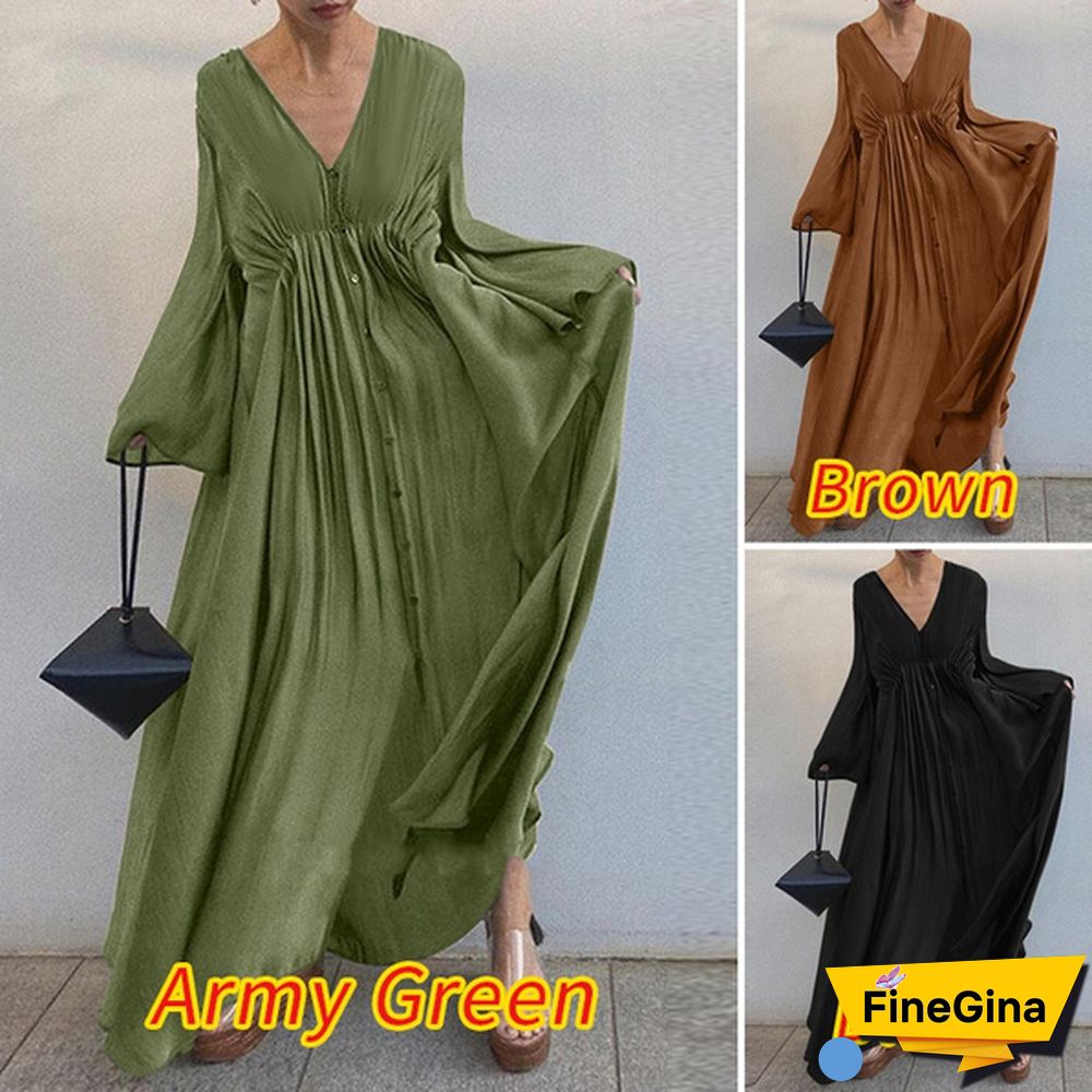 ZANZEA Women Summer V-Neck Long Sleeved Plus Size Casual Loose Long Dress Clubbing Dresses
