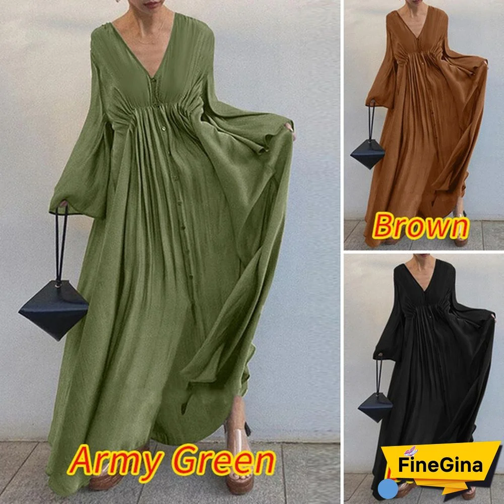 ZANZEA Women Summer V-Neck Long Sleeved Plus Size Casual Loose Long Dress Clubbing Dresses