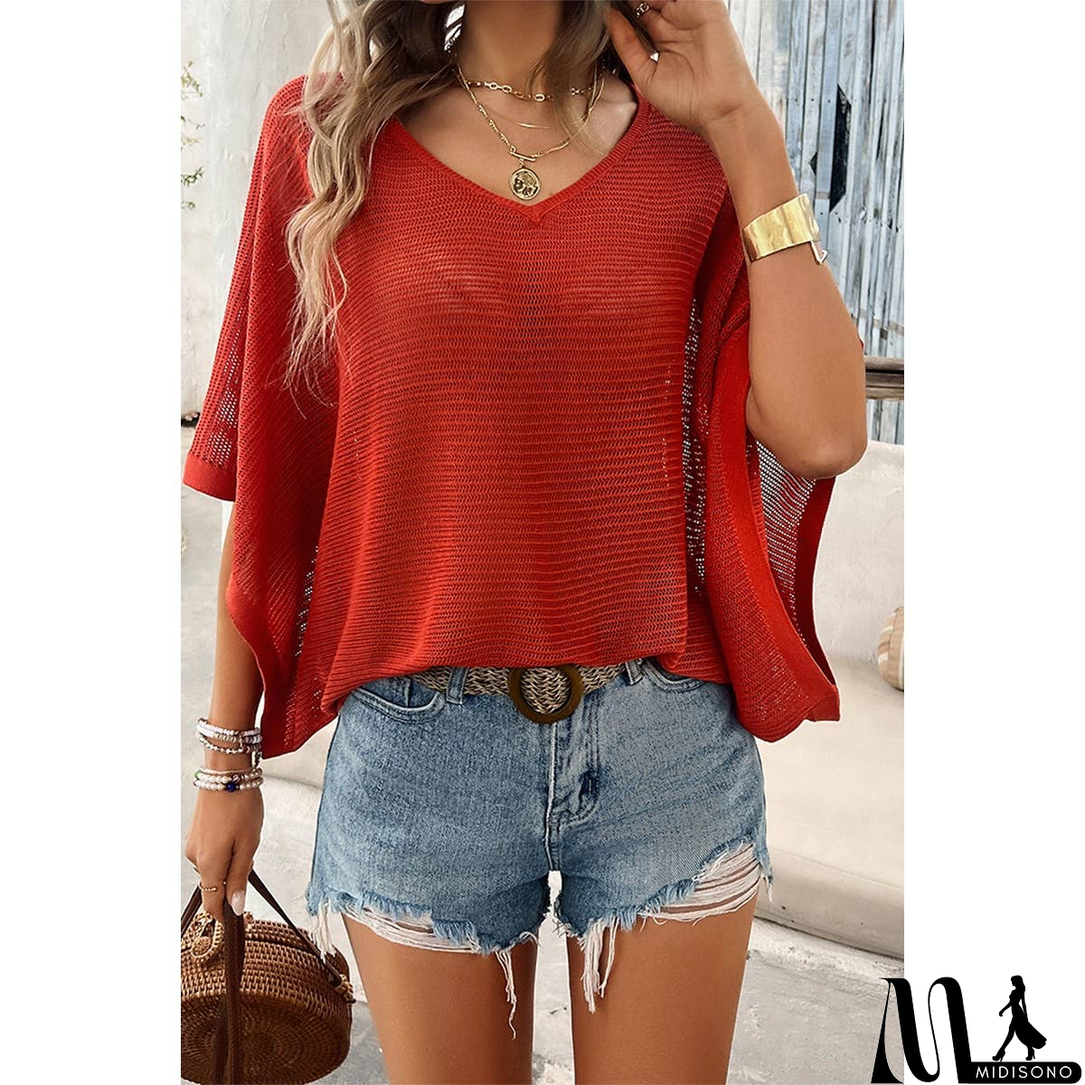 MidiSono - Solid V Neck Knit Loose Fit Bat Sleeves Top