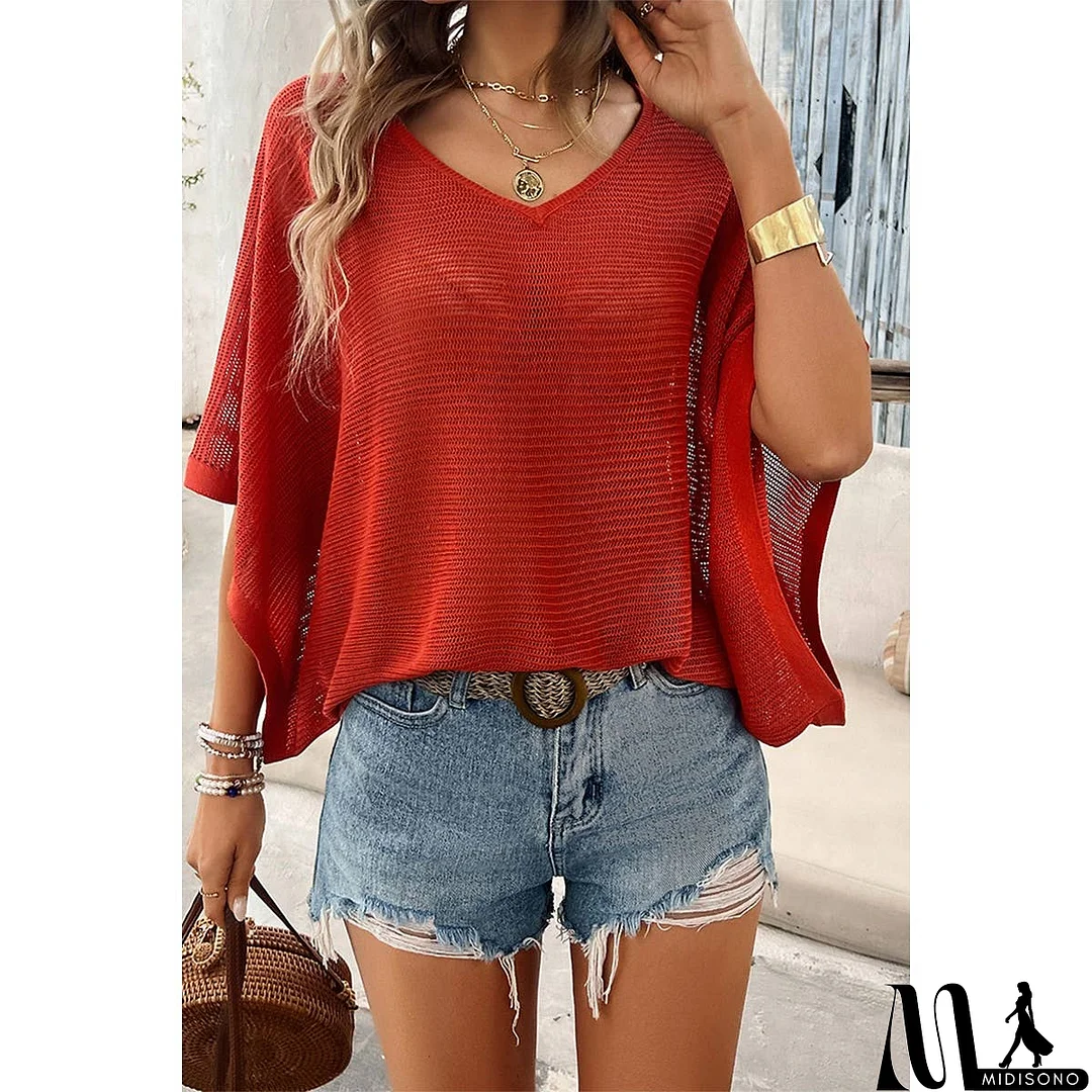 MidiSono - Solid V Neck Knit Loose Fit Bat Sleeves Top
