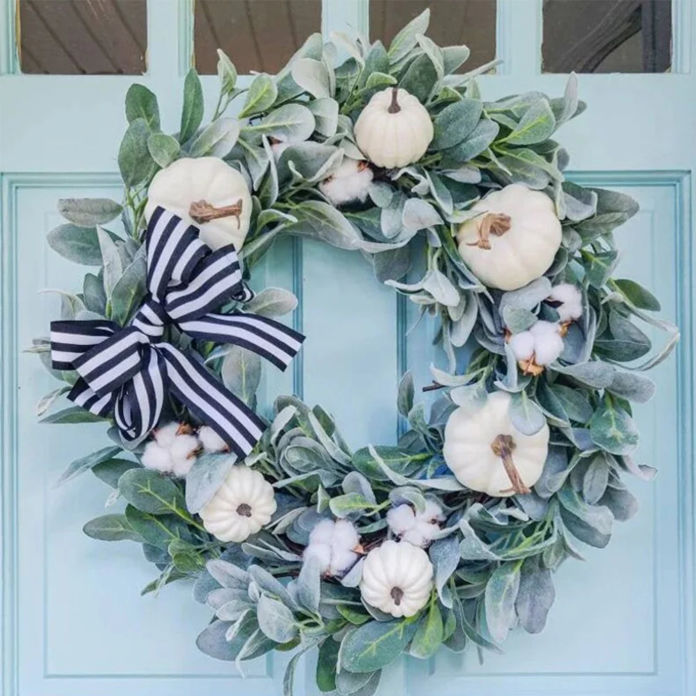 White Pumpkin Wreath Door Hanging Home Holiday Decorations