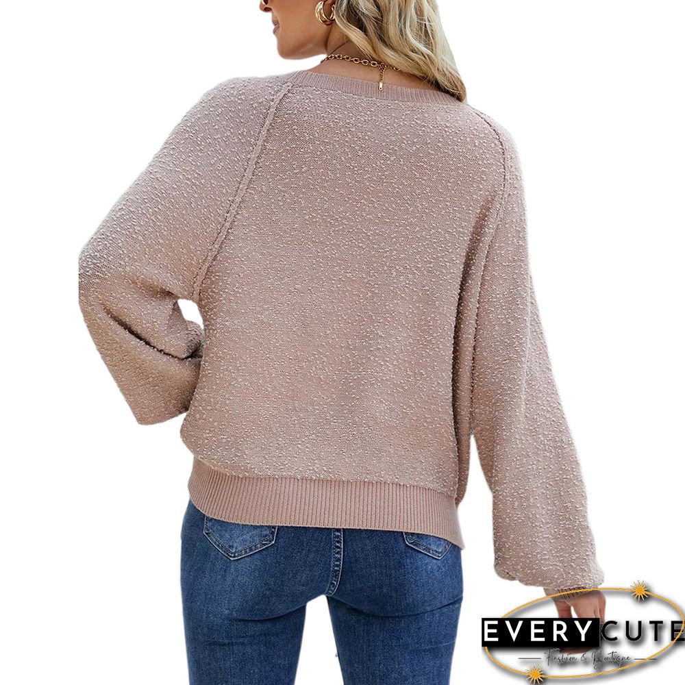 Khaki Solid Color Crew Neck Knit Sweater