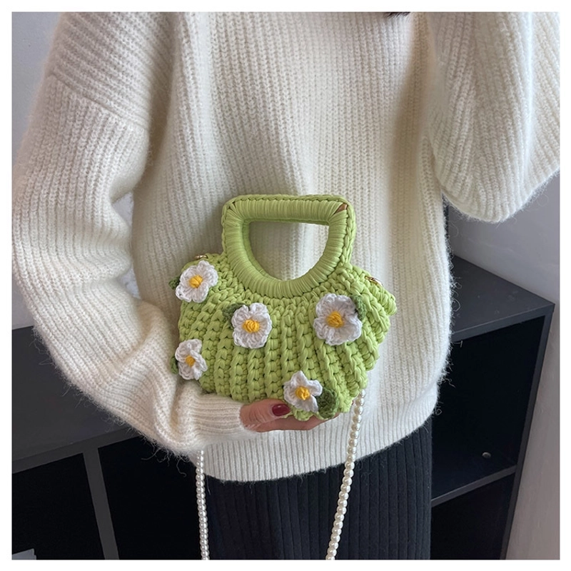 Women’s Medium Fabric Flower Cute Weave Open Crochet Bag