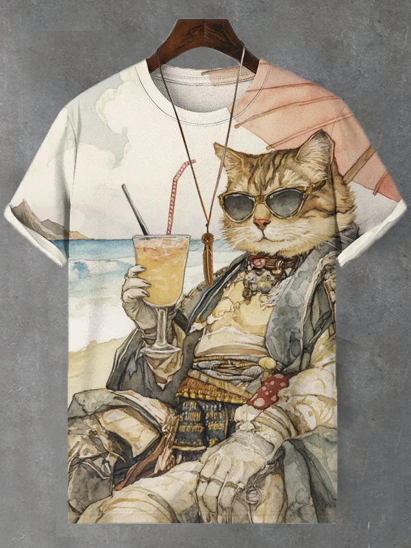 Men's Beach Leisure Cat Japanese Art Print Casual T-Shirt