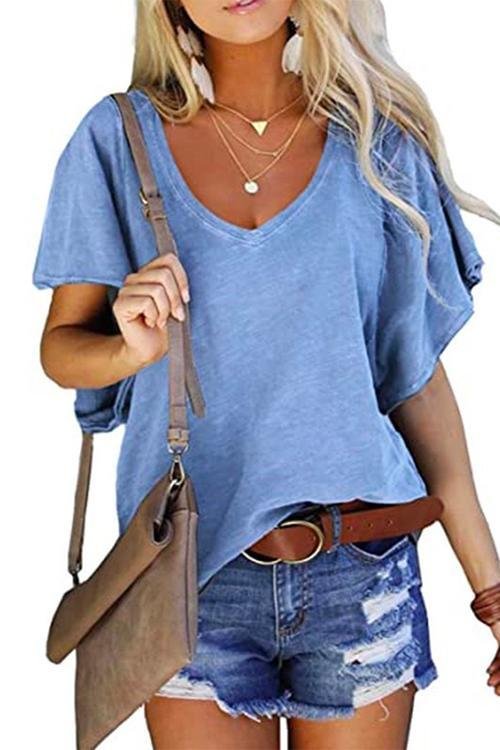 Kelsidress V Neck Ruffle Short Sleeve Cozy T-shirt