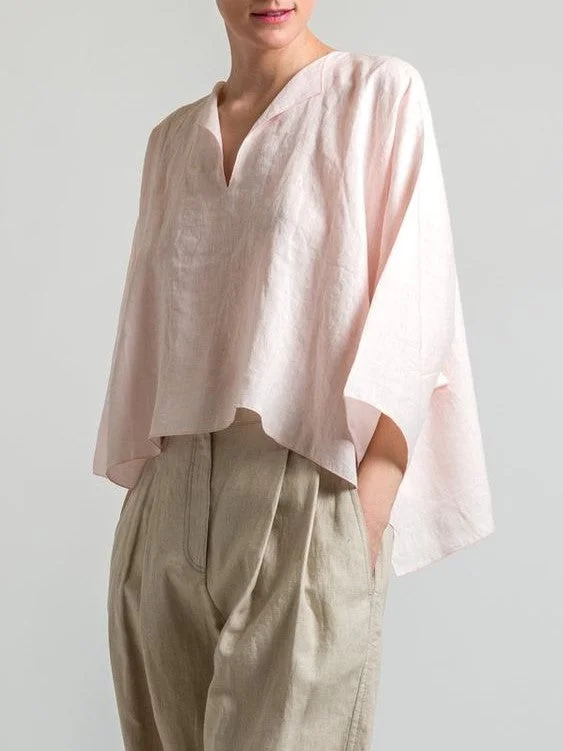 Cotton-Linen V-Neck Loose Back Swing T-Shirt