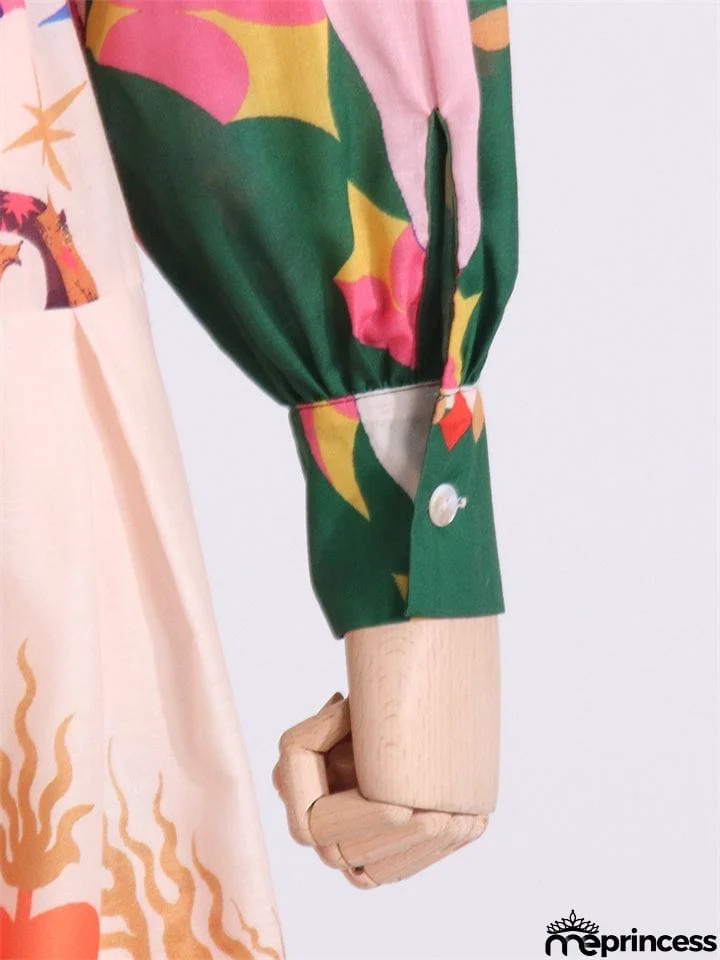 Bohemian Casual Lapel Button Lantern Sleeve Printed Ladies Dress