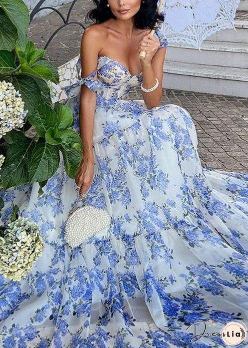 Italian Blue Lace Up Print Chiffon Spaghetti Strap Dresses Sleeveless