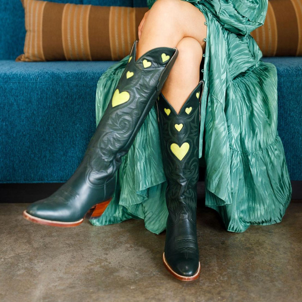 Dark Green Heart Inlay Almond Toe Chunky Heel Knee-High Cowgirl Boots Nicepairs