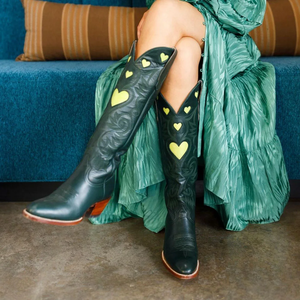 Green Almond Toe Heart Knee High Cowgirl Boots with Chunky Heels Nicepairs