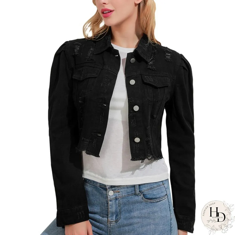 Women's Fashion Short Denim Jacket Puff Sleeve Denim Jacket