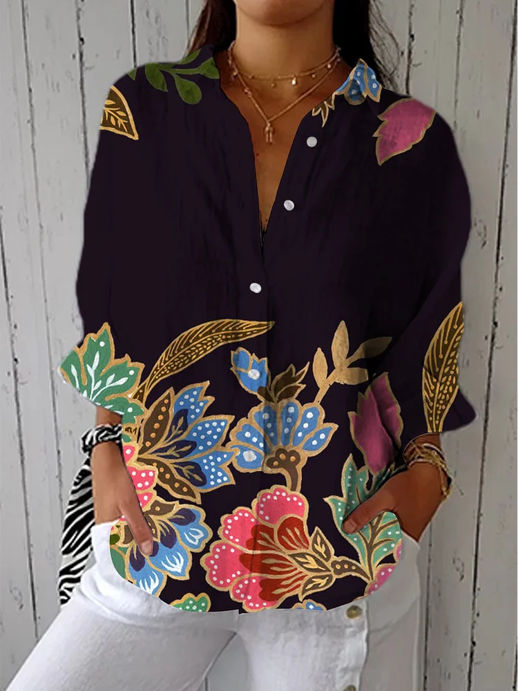 Women's Vintage Art Flower Print Casual Linen V-neck Shirt