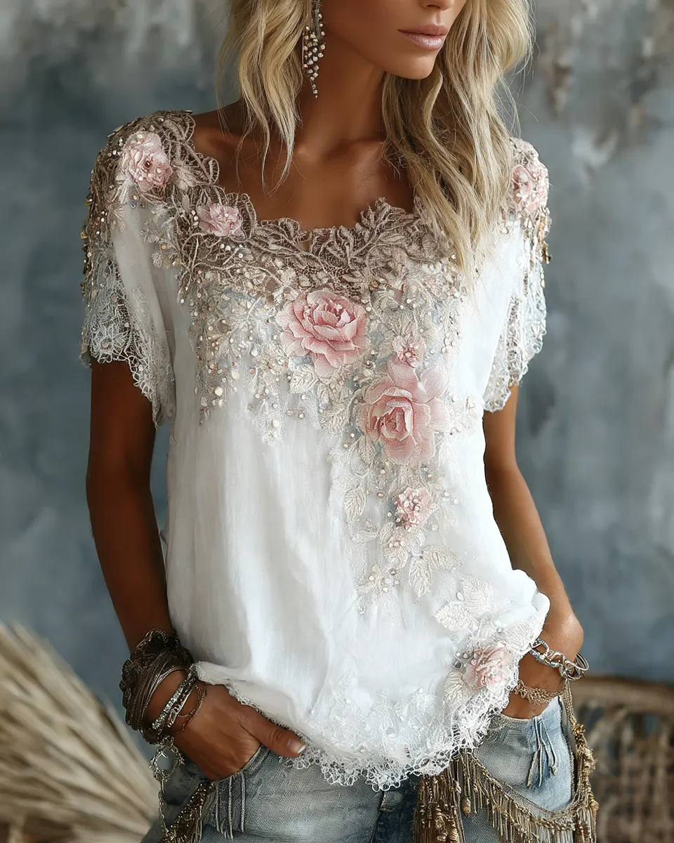 Women's Vintage Rose Floral Art Flowy Linen Blend Casual Tops
