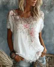 lareven Women's Vintage Rose Floral Art Flowy Linen Blend Casual Tops