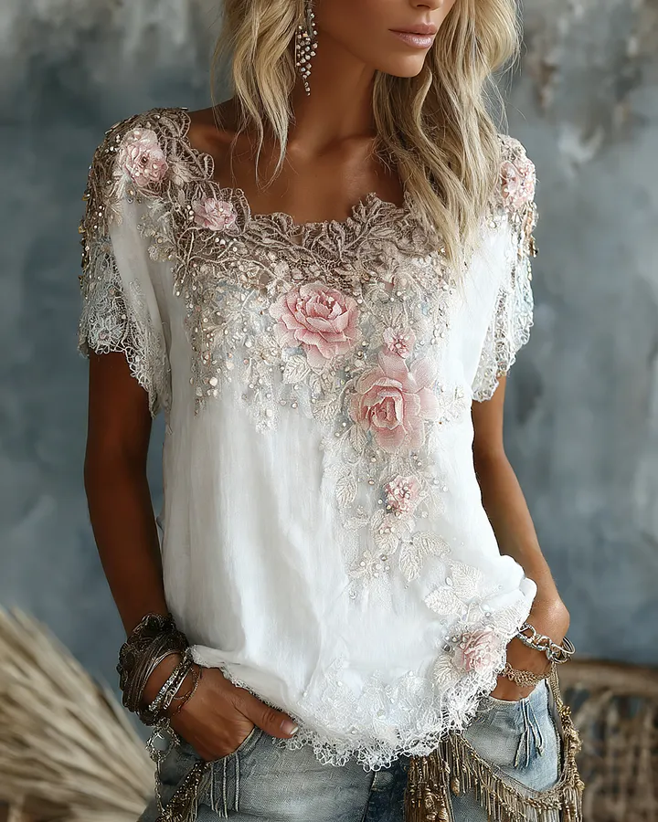 lareven Women's Vintage Rose Floral Art Flowy Linen Blend Casual Tops