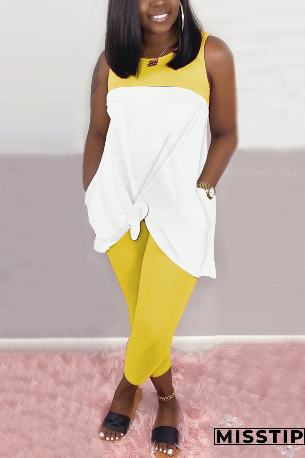 Black Fashion Casual Stitching Sleeveless Two-piece Set