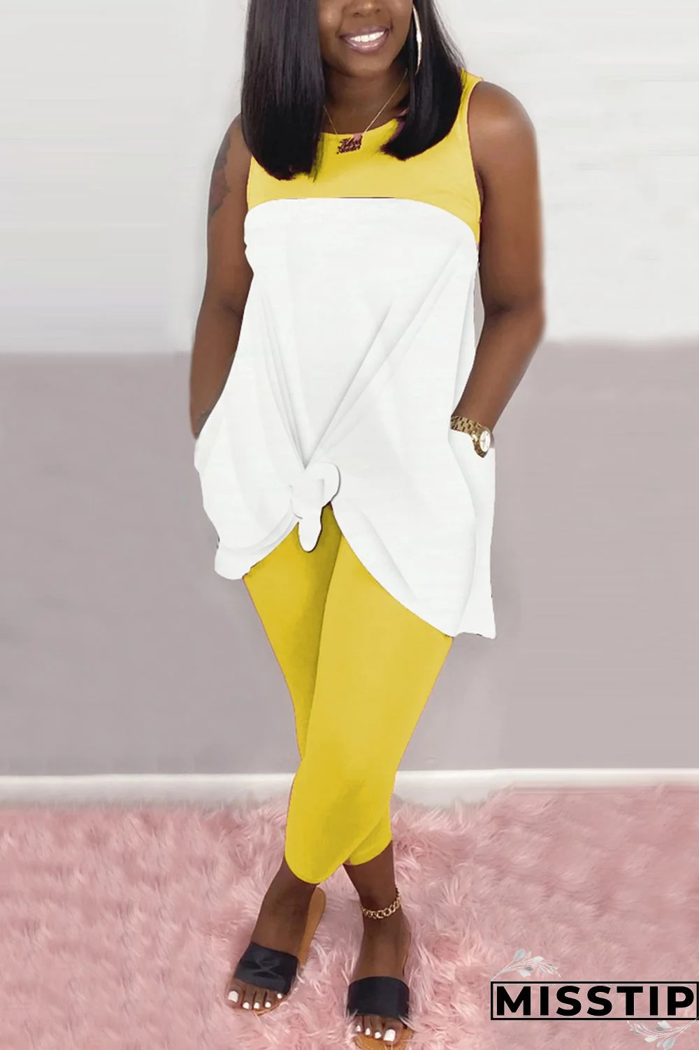 Black Fashion Casual Stitching Sleeveless Two-piece Set