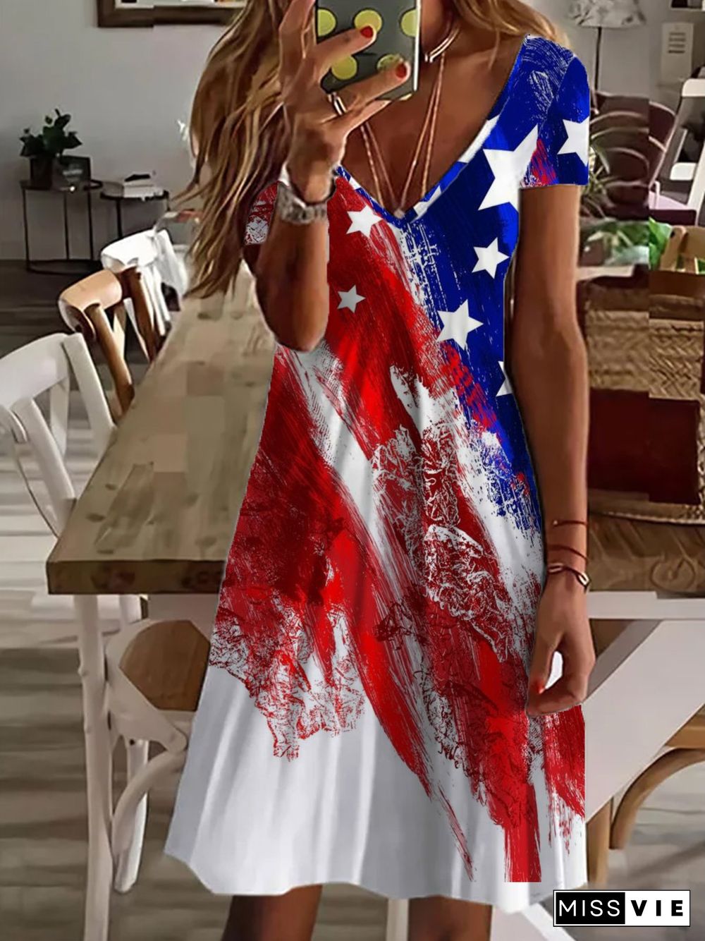 Casual Printed V neck Short Sleeve Knit Dress