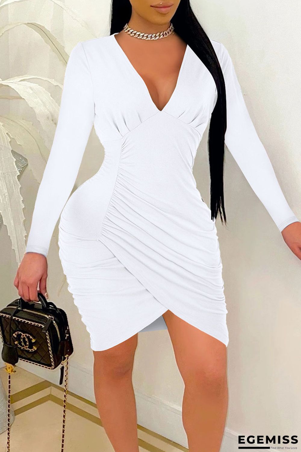 White Sexy Solid Patchwork Fold Asymmetrical V Neck Pencil Skirt Dresses | EGEMISS