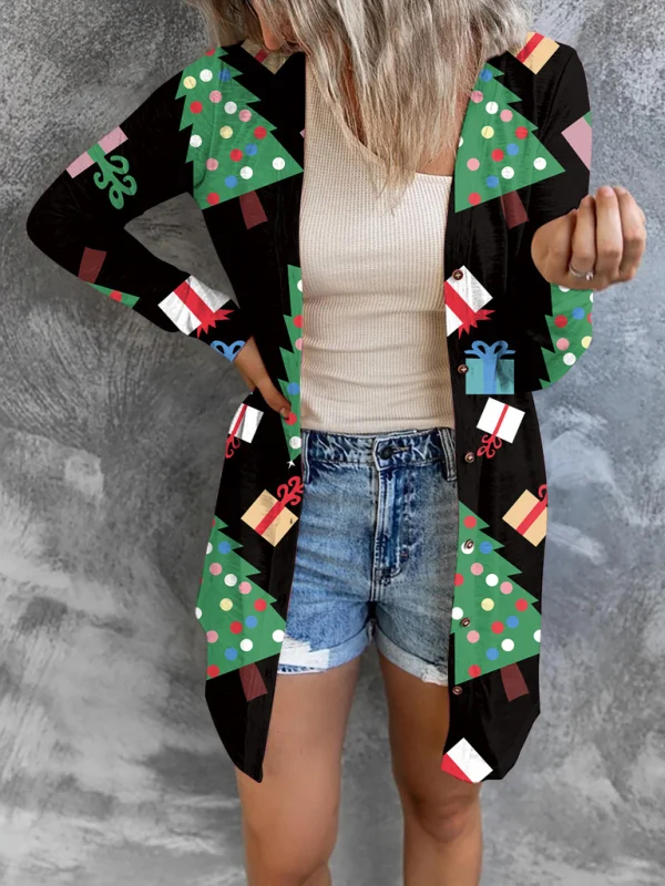 Women's Christmas Printed Fashion Button Long Sleeve Cardigan Women Flusfy