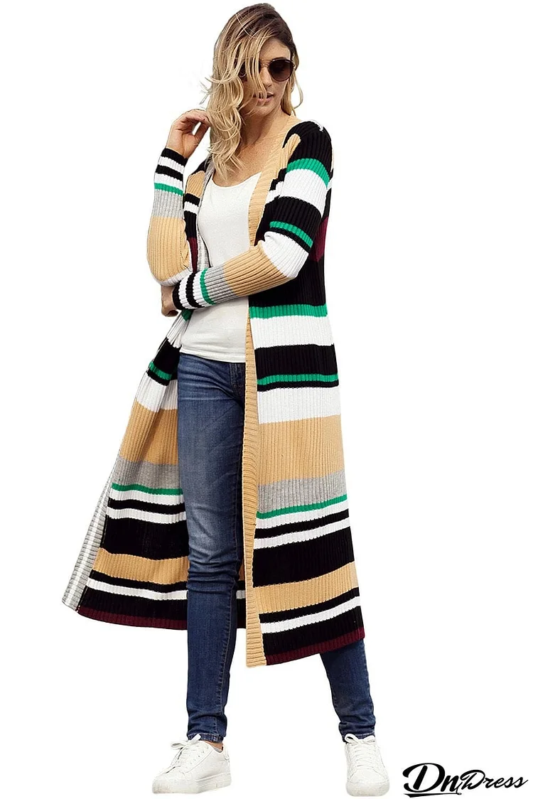 Color Block Striped Open Front Long Cardigan