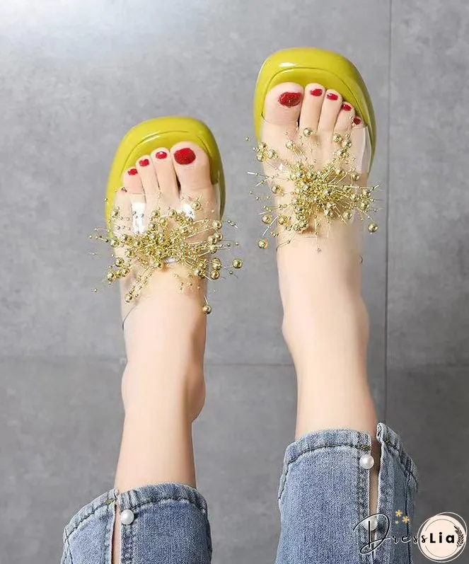 Green Stylish Clear High Heels Splicing Slide Sandals Bead Decorated