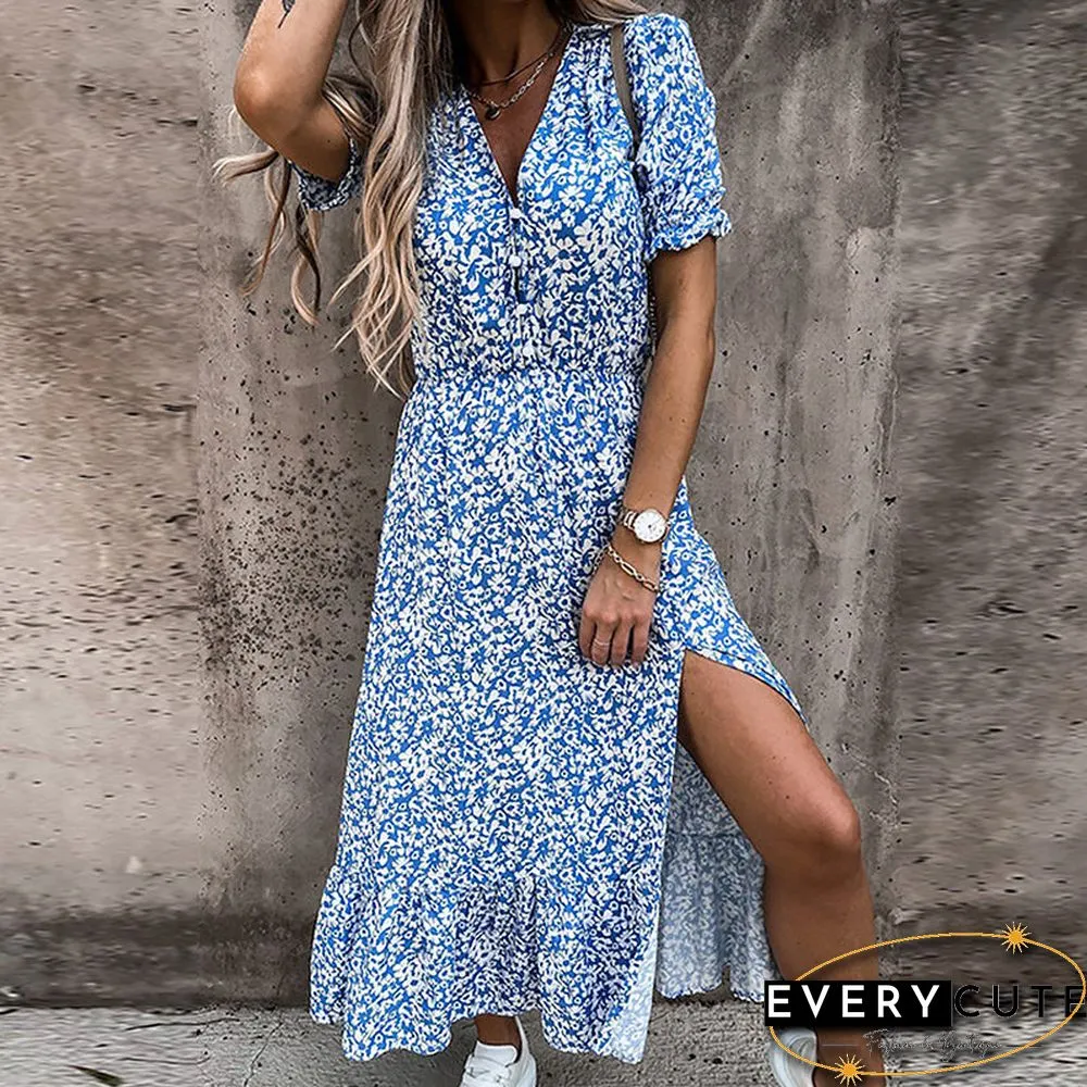 V Neck Side Split Short Sleeve Maxi Dress