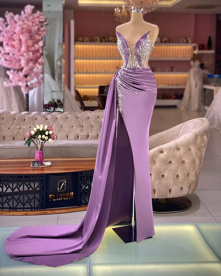 Hellodresses Lialac Elegant Beaded Strapless Sleeveless Evening Dress With Split 