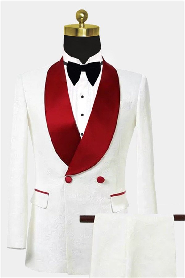 Simple Two Pieces Double Breasted Floral White Men Suits Slim Fit Tuxedo | Ballbellas Ballbellas