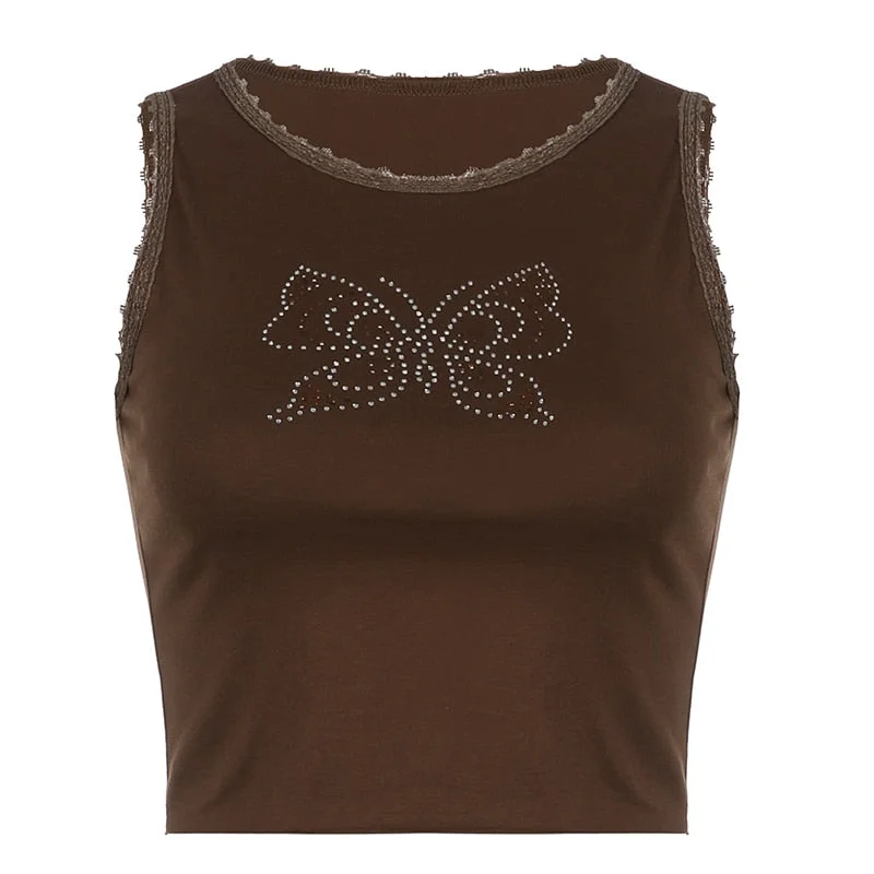 Rapcopter Y2K Butterfly Tank Tops Lace Trim Cute Sweet Basic Crop Top O Neck Sleeveless Rhinestone Summer Sweats Mini Vest Women
