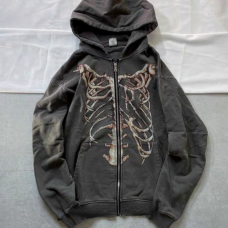 Y2K Gothic Streetwear Skeleton Print Oversize Hoodie Punk Hip Hop Zipper Hoodie Coat-VESSFUL
