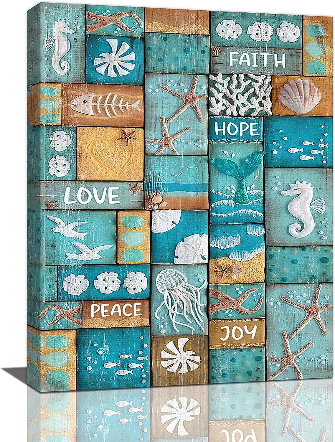 Ocean Theme Beach Bathroom Wall Art Seashell Seahorse Bathroom Pictures Wall Decor Rustic Starfish Canvas Prints Painting Blue Coastal Themed Framed Artwork for Bathroom Living Room Bedroom 12 inch x16 inch  12&#034;x16&#034;