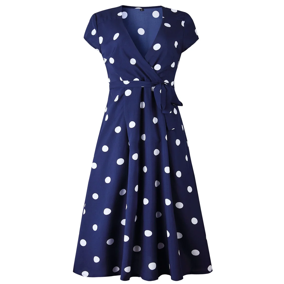 2021 Summer Dress Women Vintage Dress Casual Polka Dot Printed A-Line Party Dresses Sexy V-neck Short Sleeve Long Dress Fashion