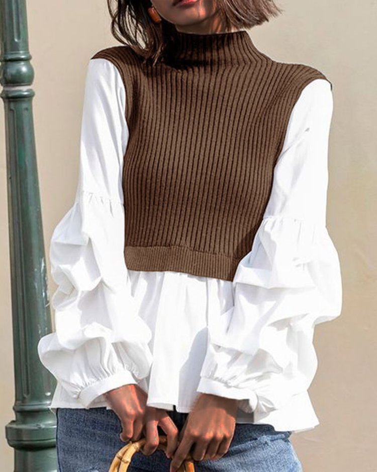 Stand Collar Solid Knit Sweater Blouse