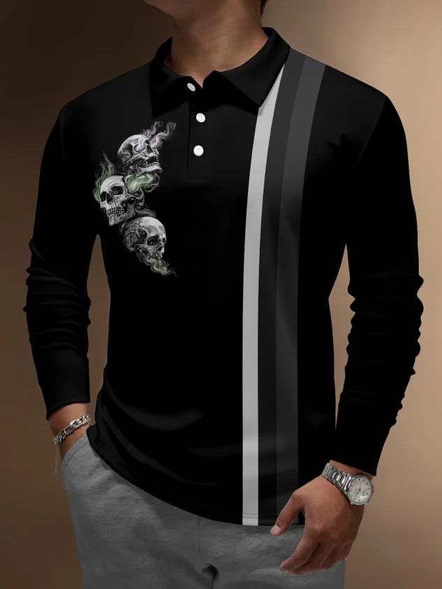 Casual Festive Collection Halloween Gradient Skull Striped Geometric Color Block Lapel Button Long Sleeve Print Polo Shirt