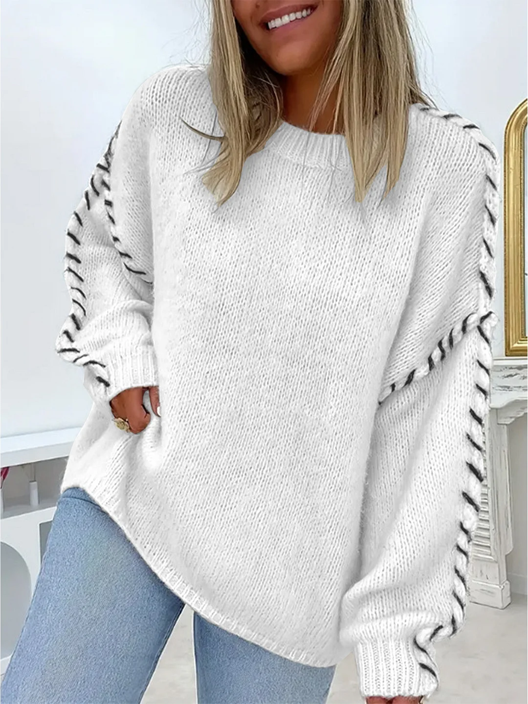 Athvotar Athvotar Leisure Pure Color Round Collar Knitted Shirt Wear Rope Design Loose Lanky Long Sleeve Sweater Female Top