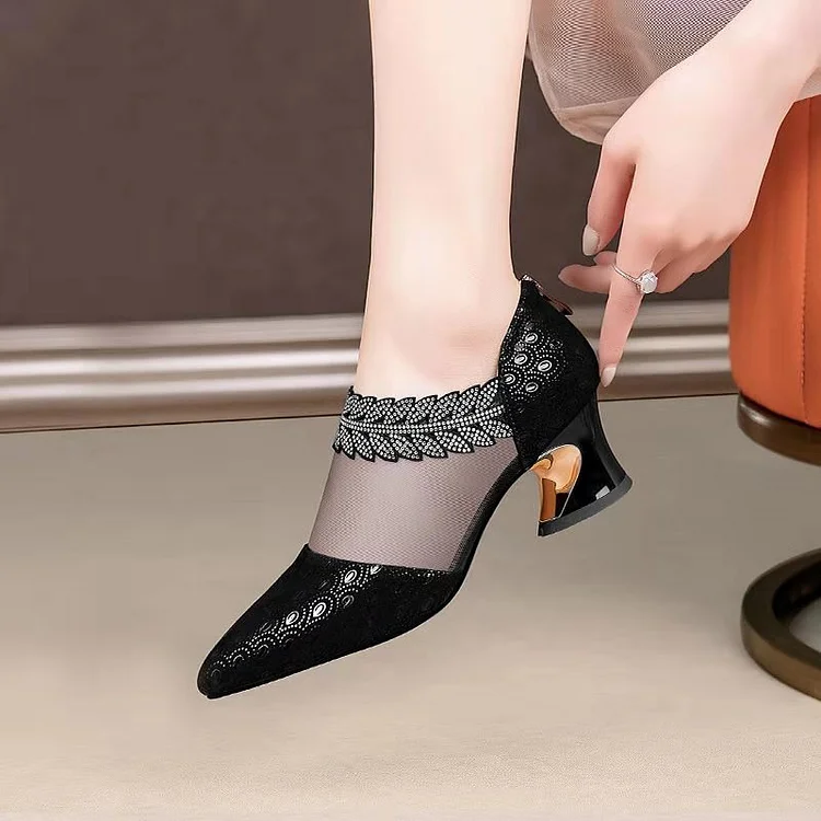 Fashion temperament thick heel mesh stitched large shoes