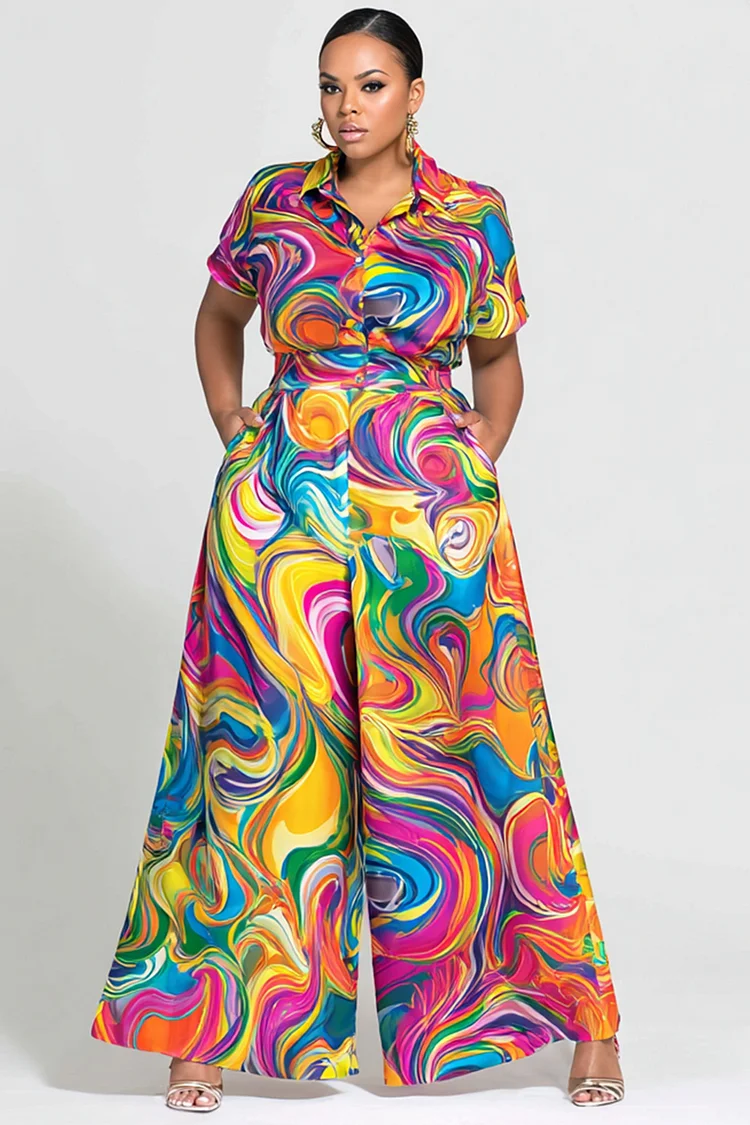 Xpluswear Design Plus Size Daily Casual Rainbow Graphic Shirt Collar Short Sleeve Wide Leg Pocket Satin Jumpsuits [Pre-Order] 2024 - Xpluswear