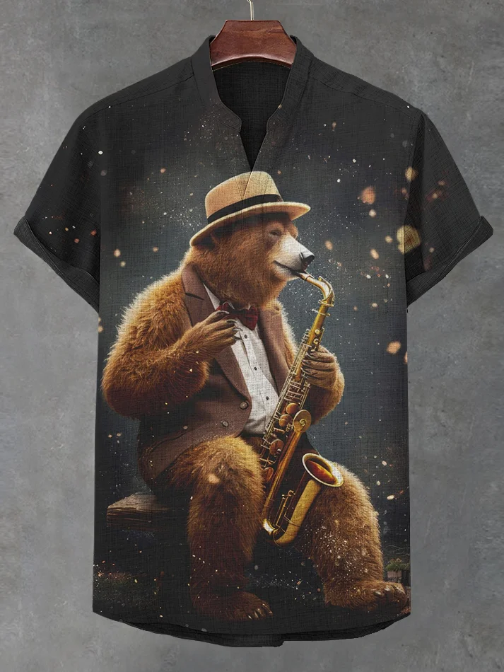 Men's Bear Saxophone Music Art Print V Neck T-Shirt